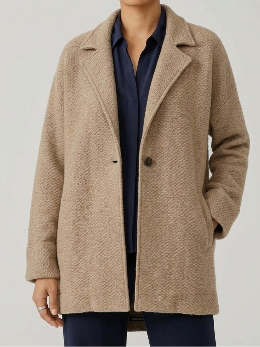 Eileen Fisher 100% Wool Textured Knit Jacket Coatigan in Tan Sz XL Longline